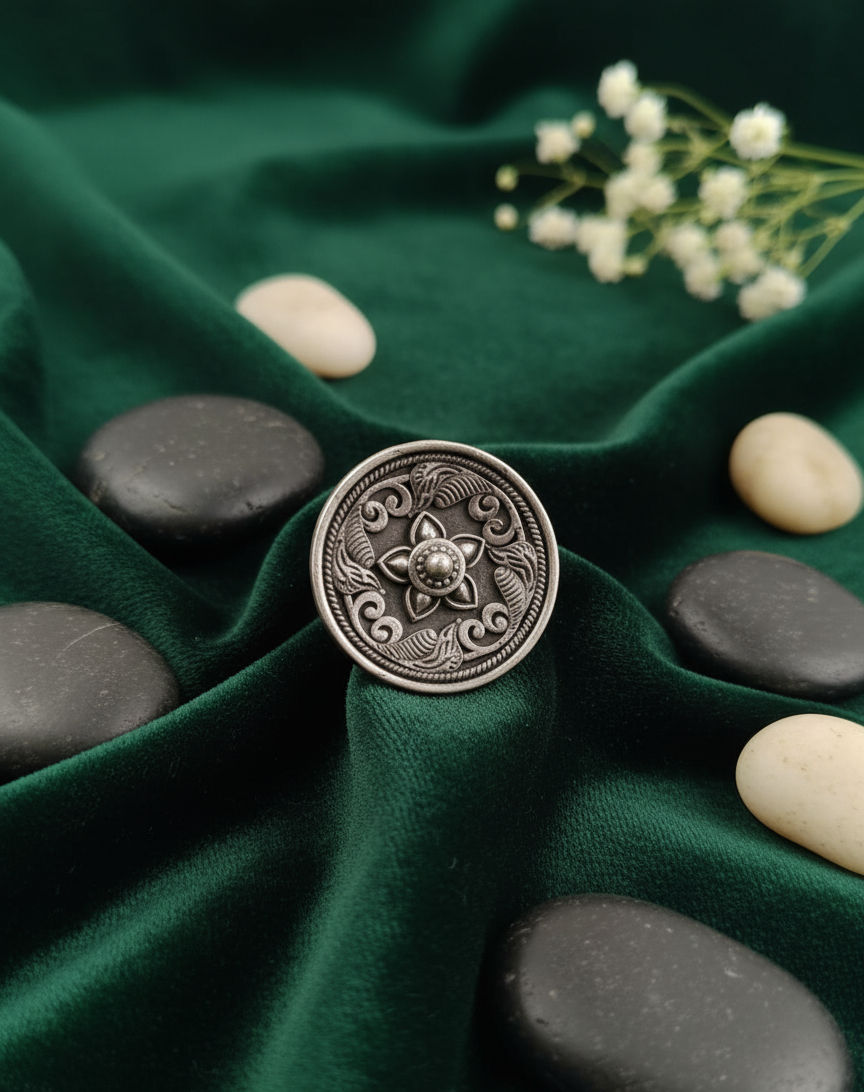 German Silver Floral Medallion Ring