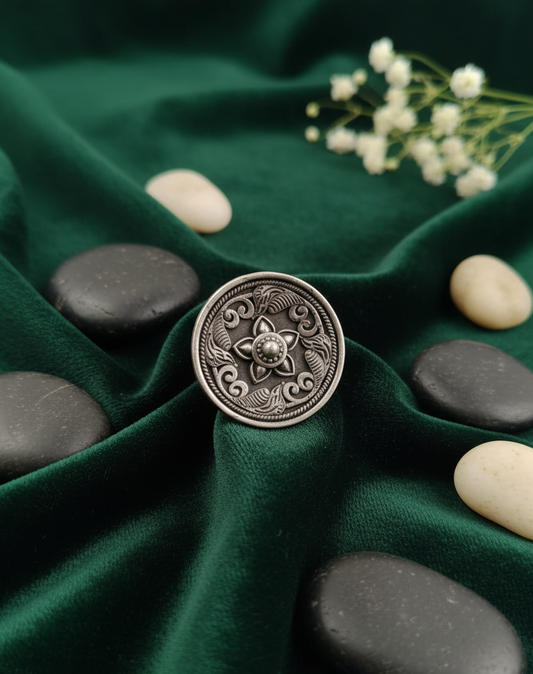 German Silver Floral Medallion Ring