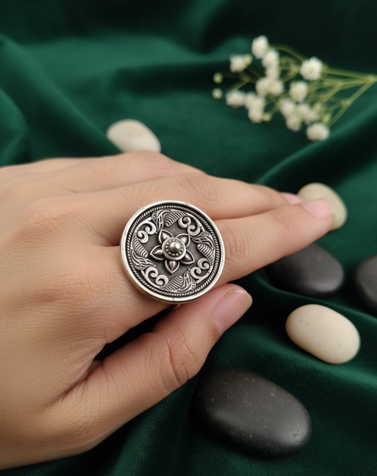 German Silver Floral Medallion Ring