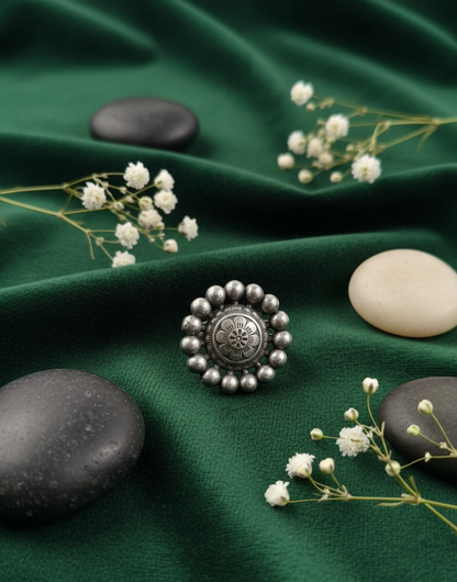 German Silver Bobble-Edge Floral Ring