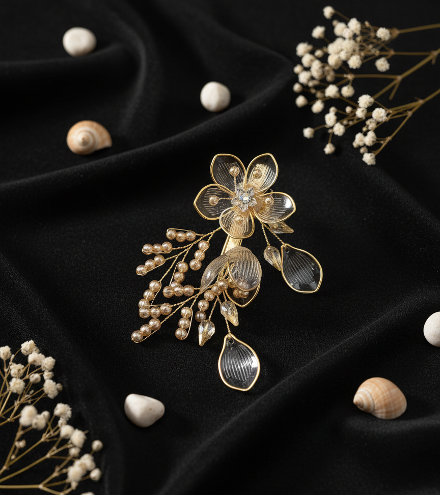 "Golden Bloom" Crystal Pearl Hair Clip