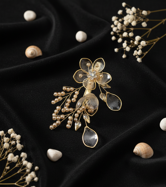 "Golden Bloom" Crystal Pearl Hair Clip