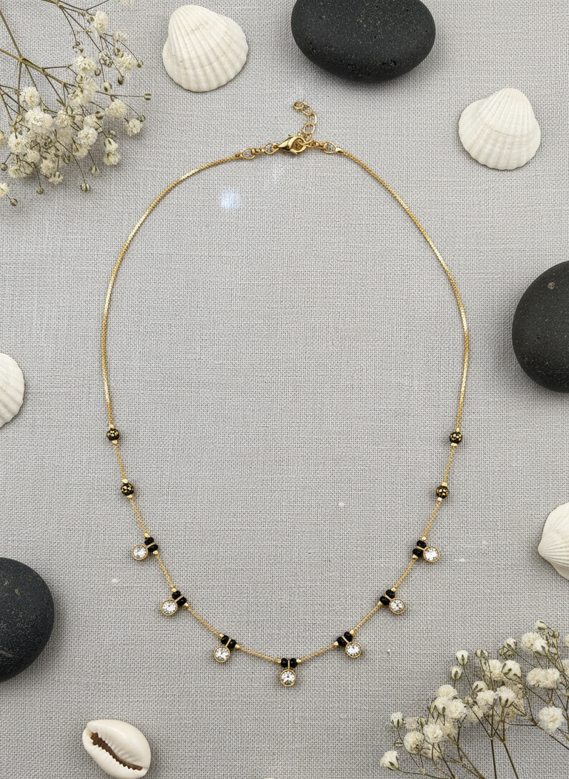 Dainty Gold Chain Necklace with Crystal and Black Bead Accents