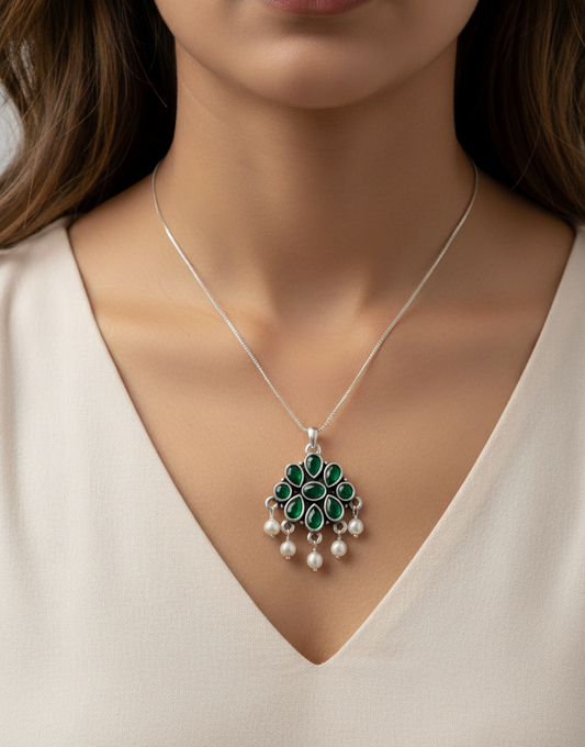 Emerald Bloom Silver Pendant Necklace