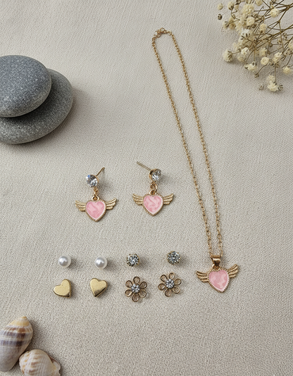 Gold Angel Wing Heart Charm Necklace & Earring Set