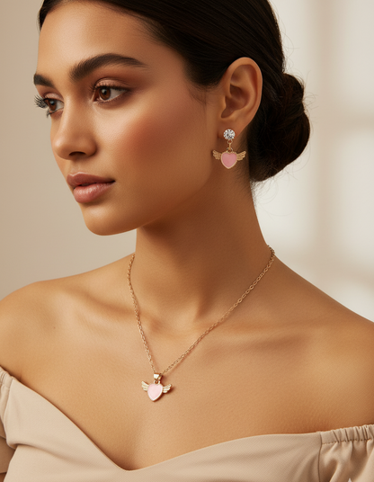 Gold Angel Wing Heart Charm Necklace & Earring Set