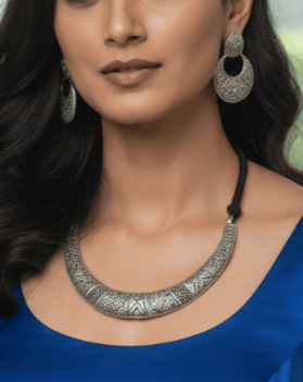 German Silver Floral Engraved Choker Set with Hoop Earrings