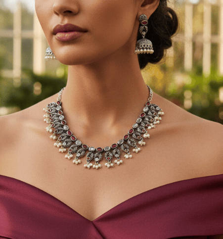 Ruby Cluster Necklace Set with Pearl Drop Jhumka Earrings