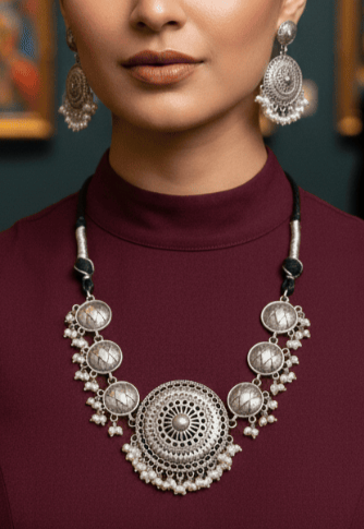 Bohemian German Silver Filigree & Ghoongroo Choker Set with Pearl Drop