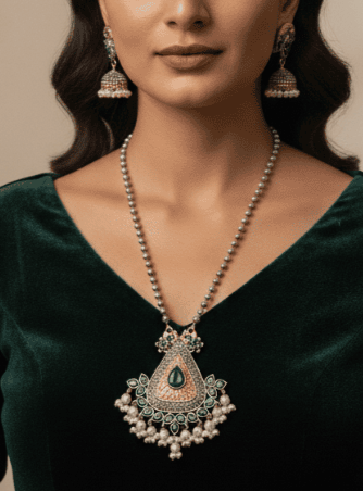 Antique Pear-Cut Emerald Pendant with Beaded Chain and Jhumka Earrings
