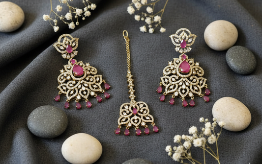 Pink Zircon & Gold Plated Indian Maang Tikka and Earrings Set