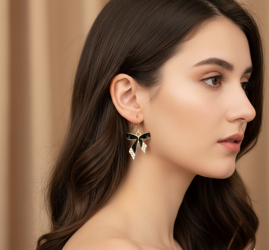 Glimmering Noir Bow Drop Earrings