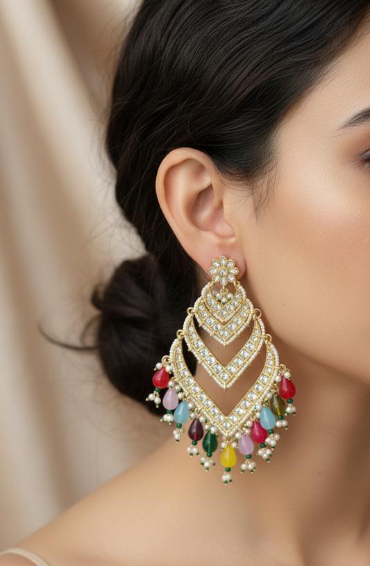 Layered Kundan Fan Drop Earrings with Multicolored Beads