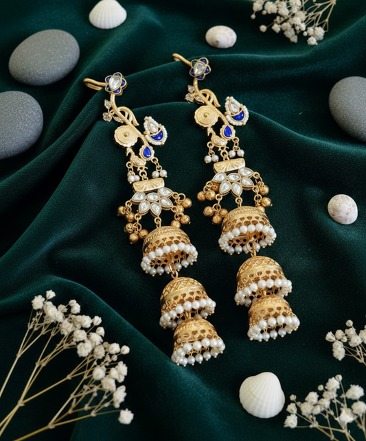 Ornate Gold-Toned Kundan and Pearl Jhumka Earrings