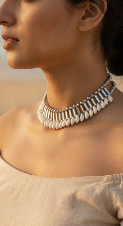 Silver-Toned Cowrie Shell and Beaded Choker Necklace