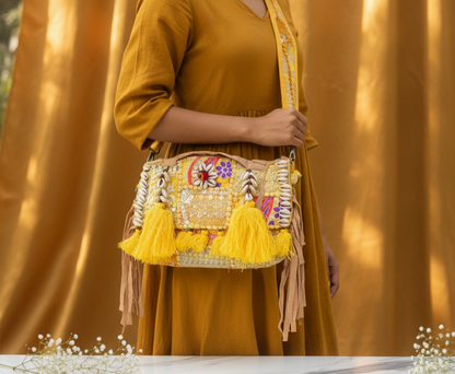 Sunny Yellow Embroidered  Cowrie Shells & Tassels