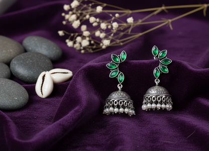 German Silver Earrings with Multicolor Leaf Cabochons & Jhumka
