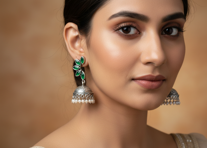 German Silver Earrings with Multicolor Leaf Cabochons & Jhumka
