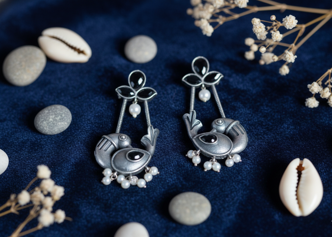 German Silver Bird Charm Earrings with Multicolor Cabochons