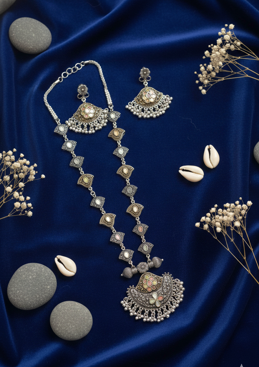 German Silver Mirror Crescent Pendant Necklace with Dangling Beads