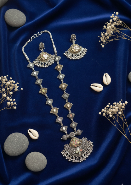 German Silver Mirror Crescent Pendant Necklace with Dangling Beads