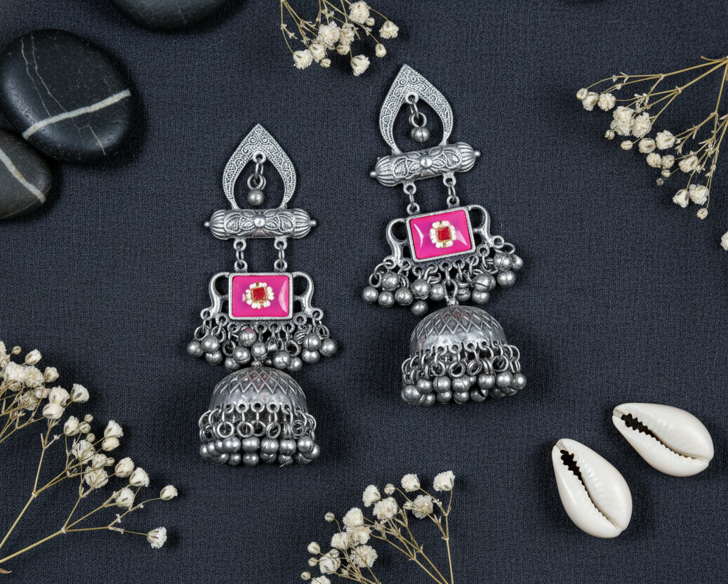 German Silver Arch Multicolor Gem Earrings with Jhumka & Bells