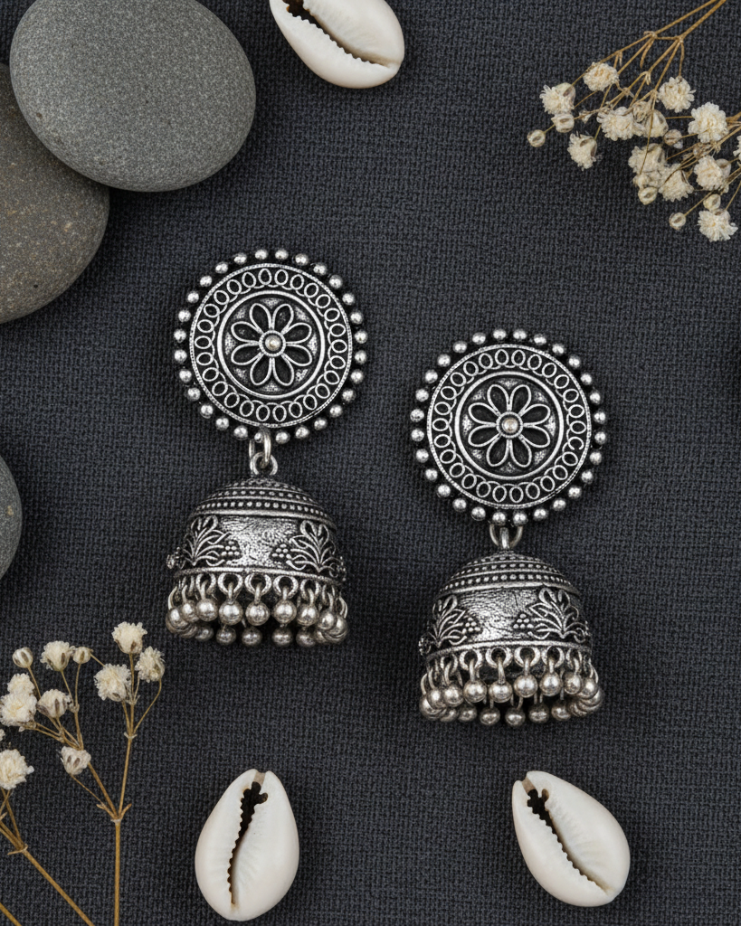 German Silver Earrings with Flower Motif & Dangling Jhumka