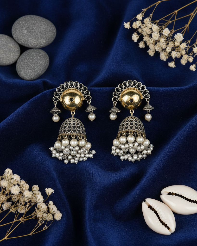 German Silver Earrings with Cabochons, Jhumka and Beads