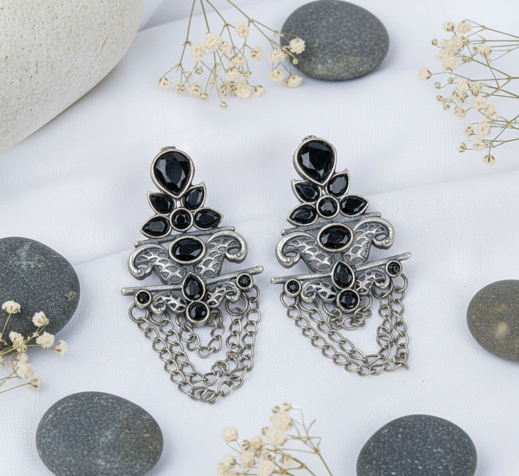 German Silver Earring with Ornate Chain-Drape & Cabochons