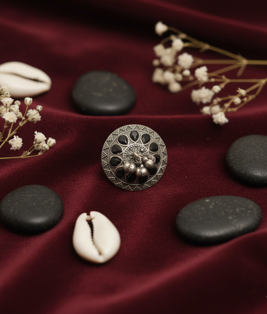 German Silver Ring with Dangling Beads and Colored Petals