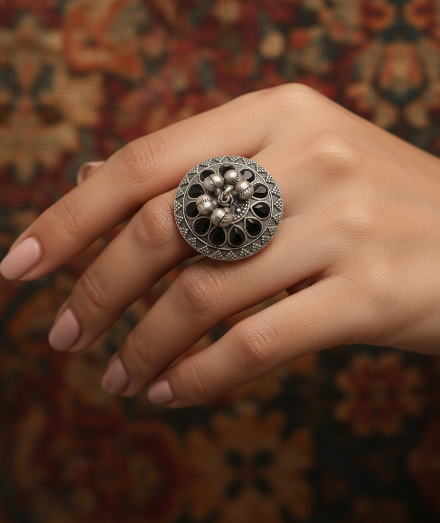German Silver Ring with Dangling Beads and Colored Petals