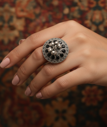 German Silver Ring with Dangling Beads and Colored Petals