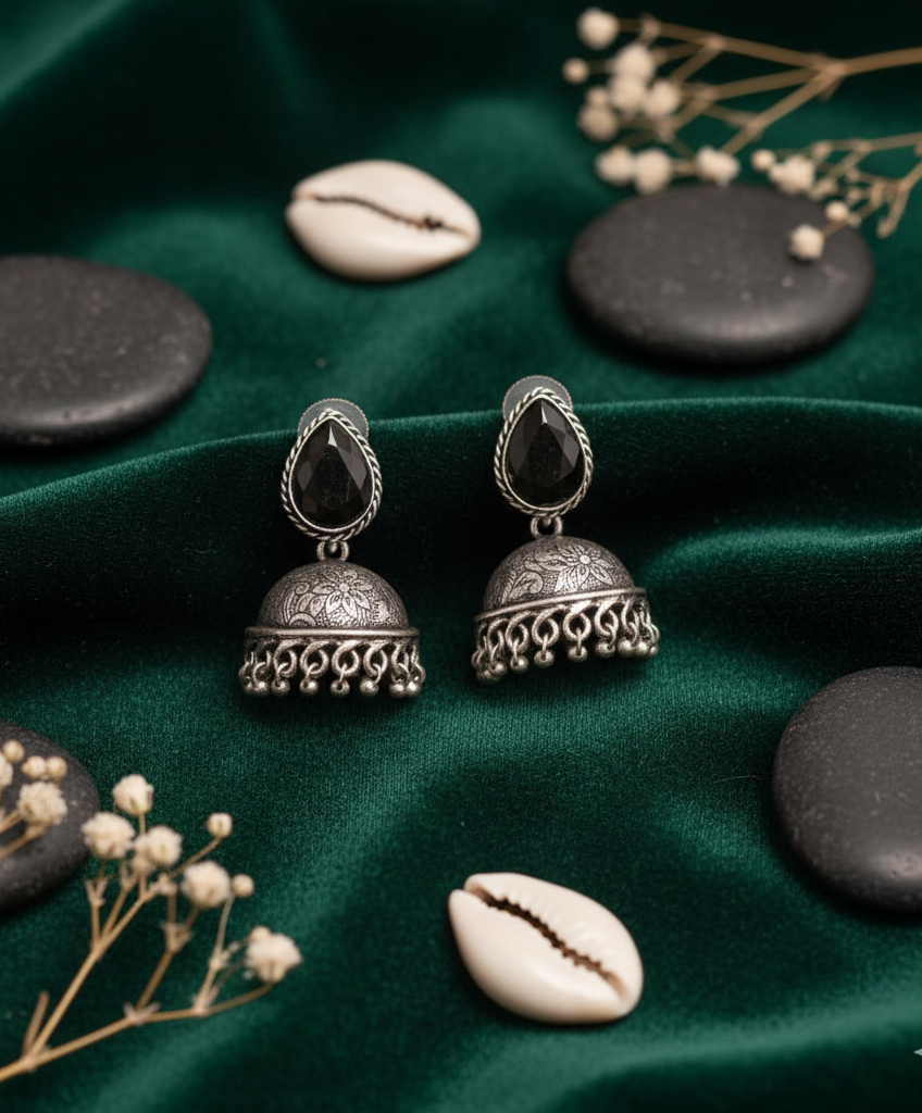German Silver Jhumka Earrings with Multicolor Gem Cabochons
