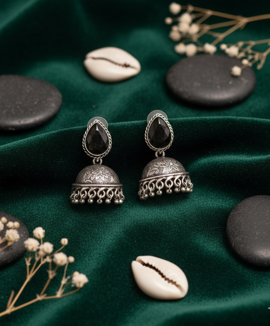 German Silver Jhumka Earrings with Multicolor Gem Cabochons
