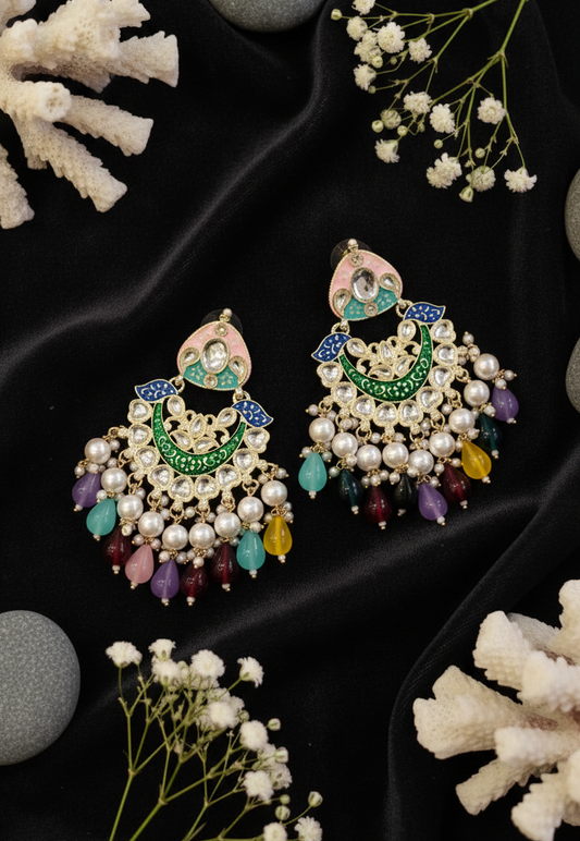 Multi-Color Enamel & Pearl Chandbali Earrings