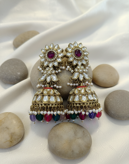 Kundan Jhumka Earrings with Colorful Gemstone Drops