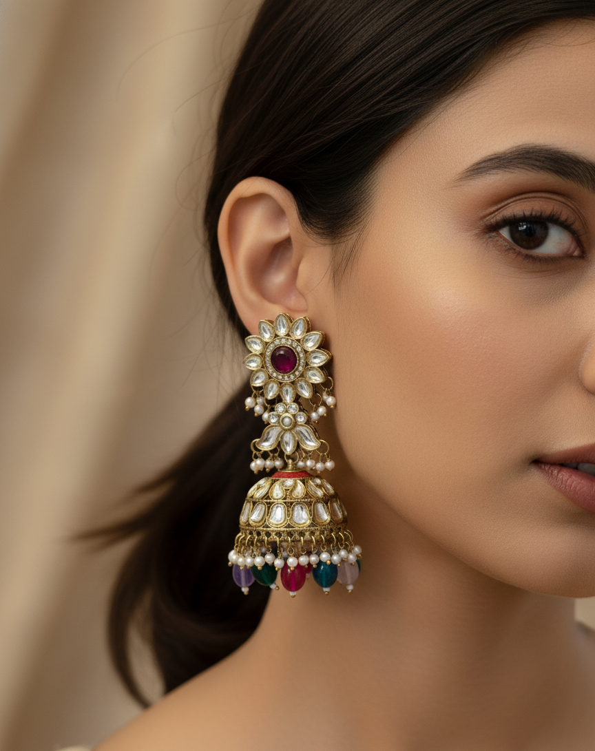 Kundan Jhumka Earrings with Colorful Gemstone Drops