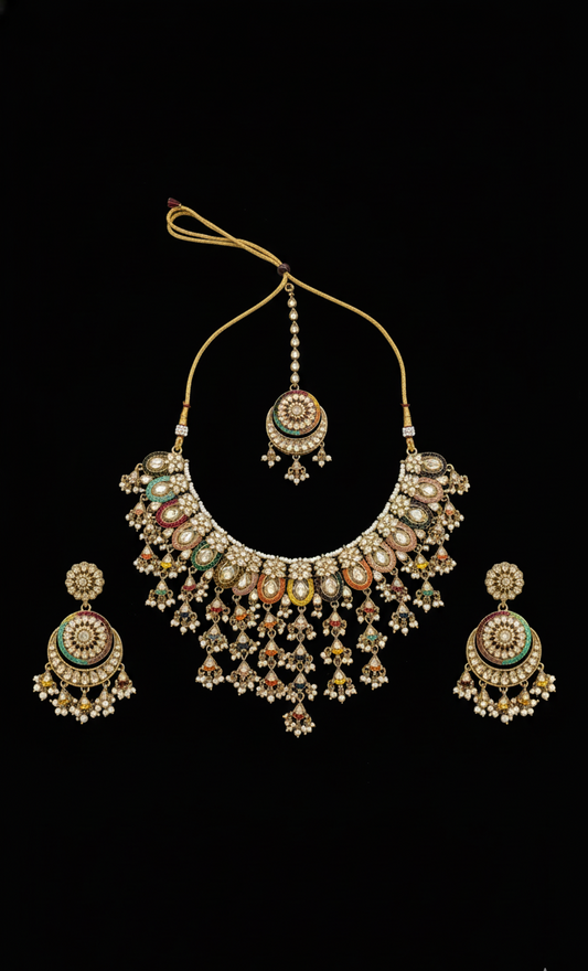 Vibrant Multi-Color Kundan & Pearl Drop Choker Set