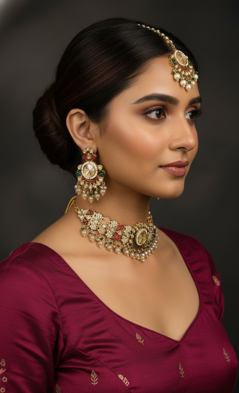 Kundan & Pearl Choker Set with Maang Tikka and Earrings