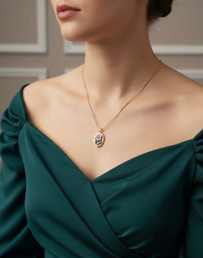 "Lavender Bloom" Golden Oval Pendant