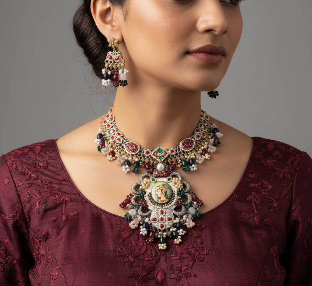 Maharani Portrait Kundan & Pearl Heritage Necklace Set