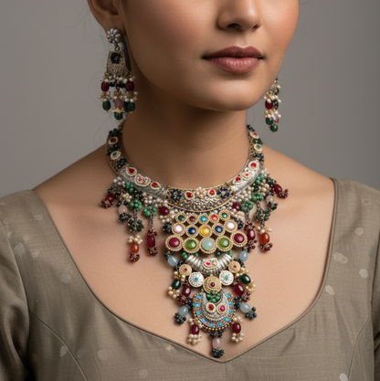 Heritage Multi-Stone Kundan & Pearl Bib Necklace Set