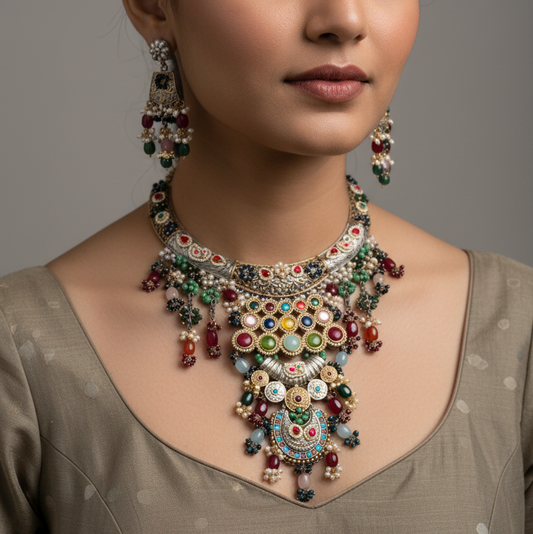 Heritage Multi-Stone Kundan & Pearl Bib Necklace Set