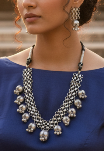 Tribal Style Chain Necklace with Dome Charms and Ghoongroo Bells