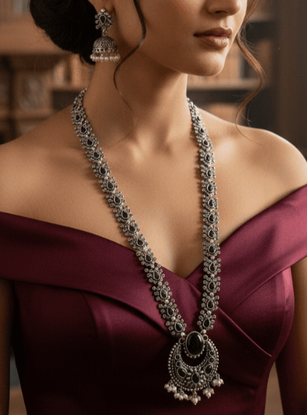 Regal German Silver Multi-Stone Necklace with Ruby, Emerald, and Pearl Drops