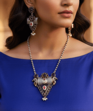 Two-Tone Multi-Ruby Pendant Set with Pearl-Beaded Chain and Dangle Earrings