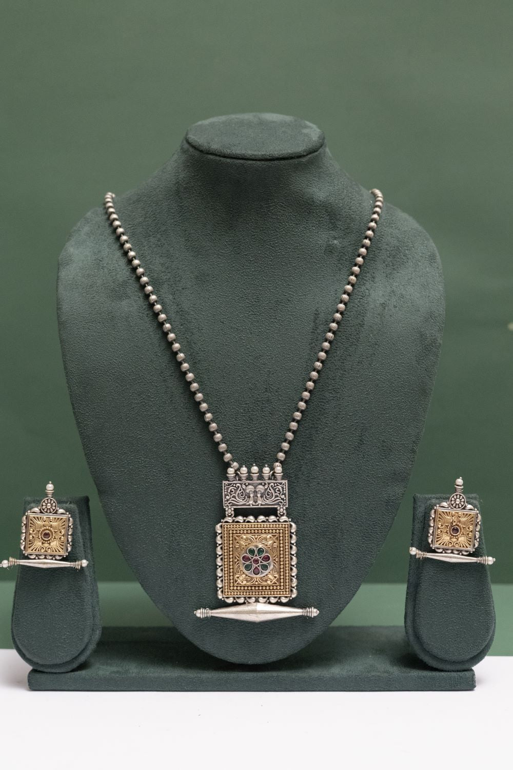 German Silver Floral Chain Pendant with tubular charm