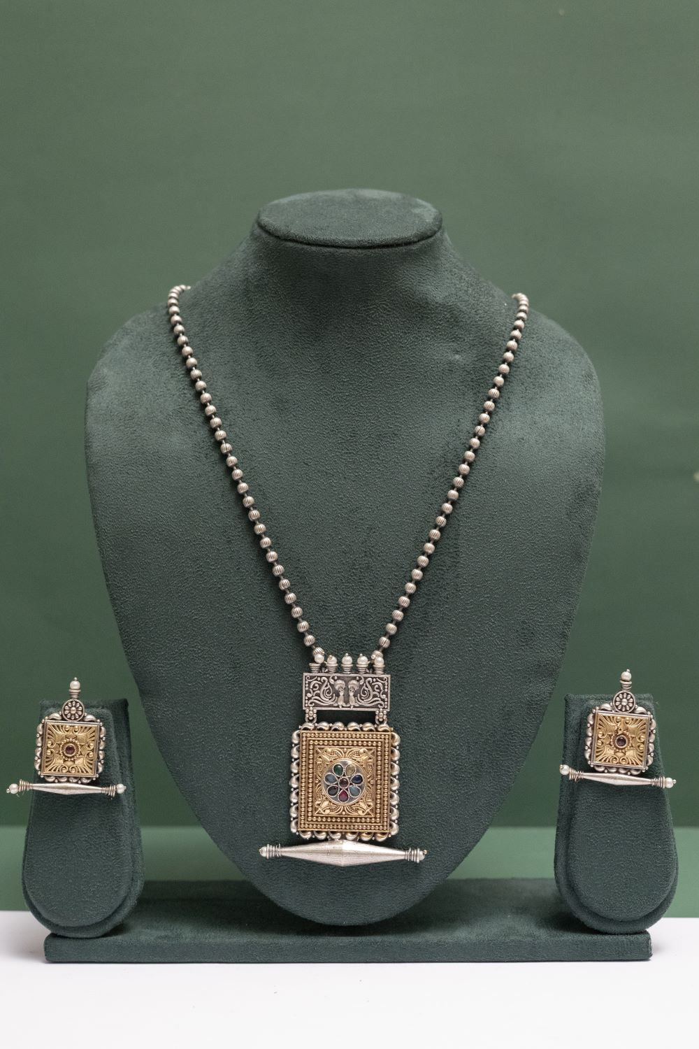 German Silver Floral Chain Pendant with tubular charm