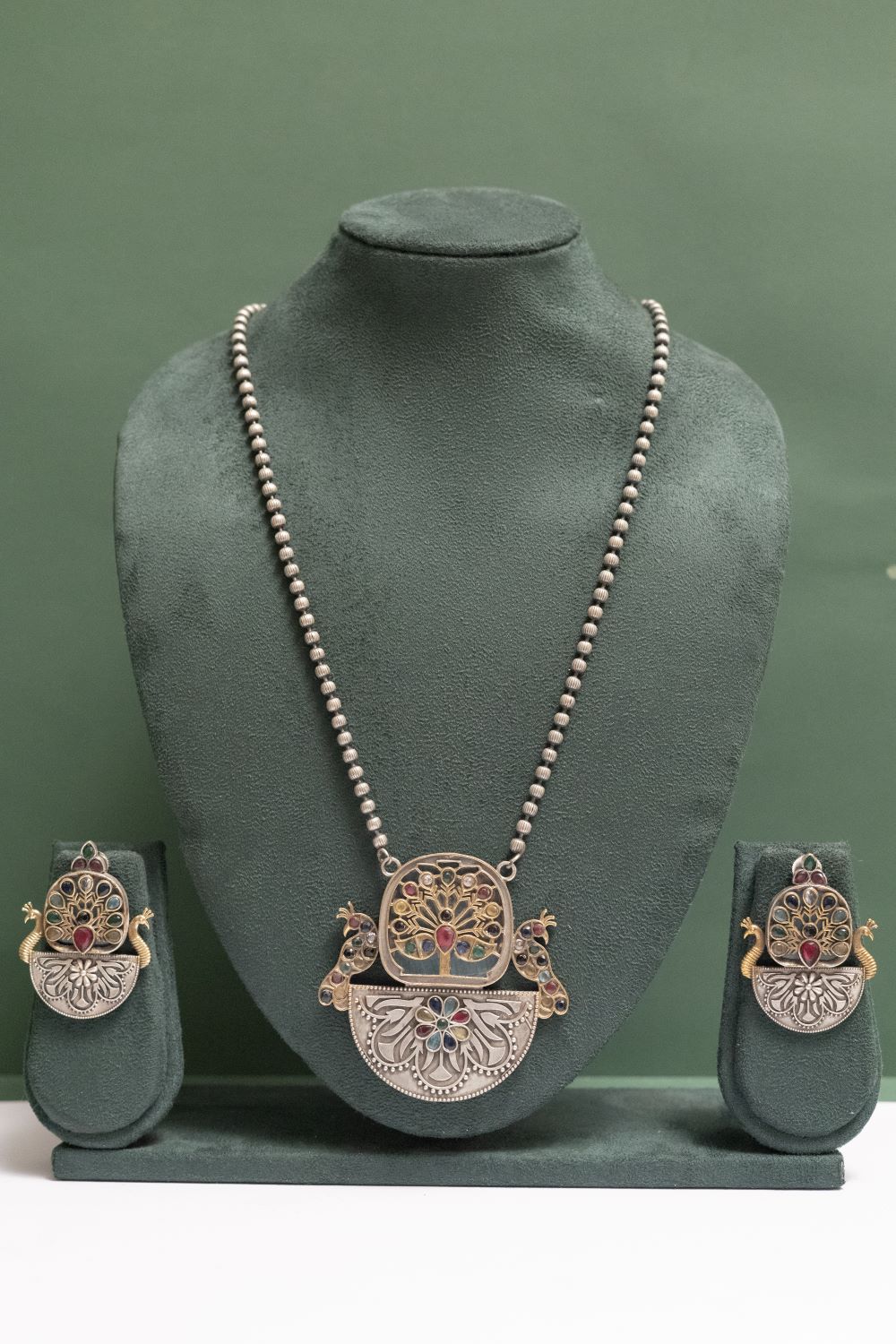 German Silver Peacock Motif Necklace with Tree Design