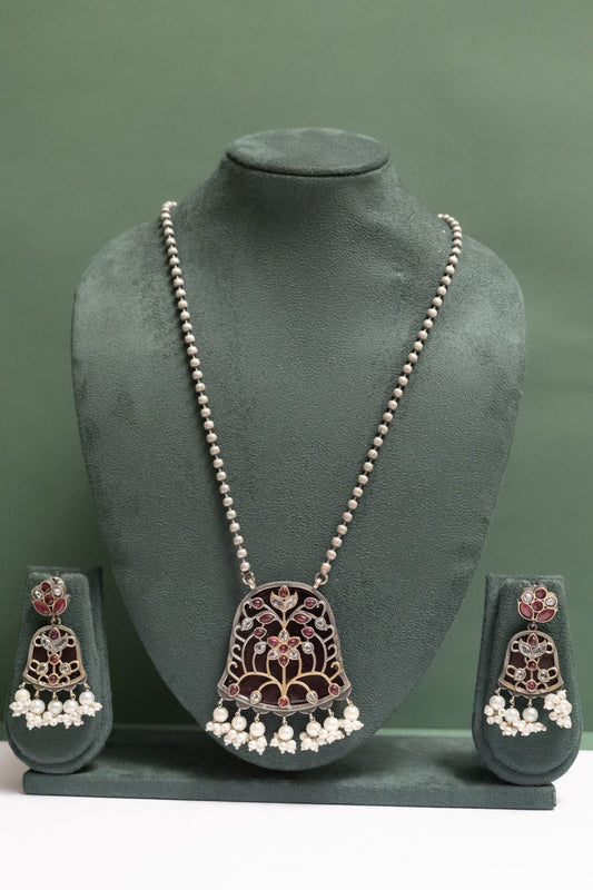 German Silver Chain Pendant with Dangling  White Beads